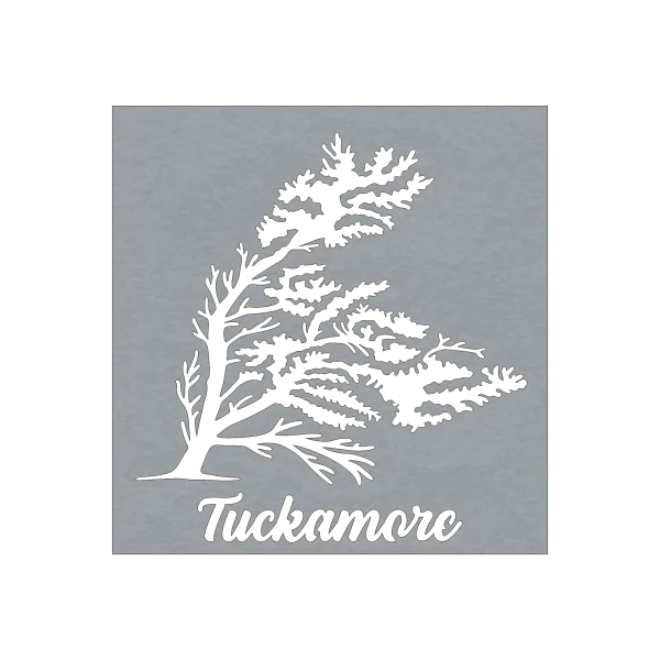 Laser-cut steel wall art featuring a silhouette of a tuckamore tree against a grey background. The tree is depicted with its branches bent by the wind, symbolizing resilience. The word 'Tuckamore' is elegantly cut out beneath the tree, adding a cultural touch to the design.